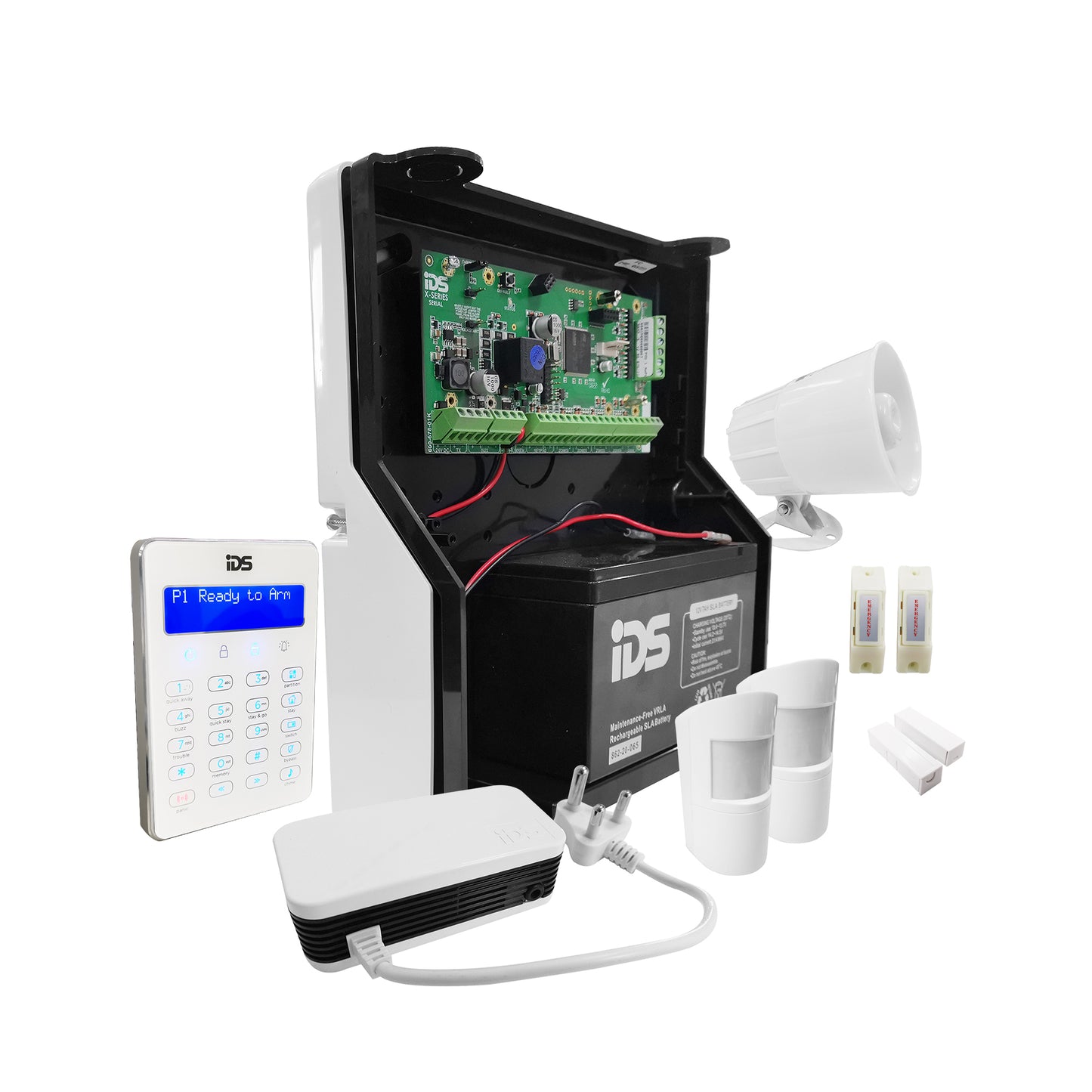IDS X64 Wired Alarm Kit Including Touch LCD Keypad 2xMotionsSense PIR 2xMags 2xPanics