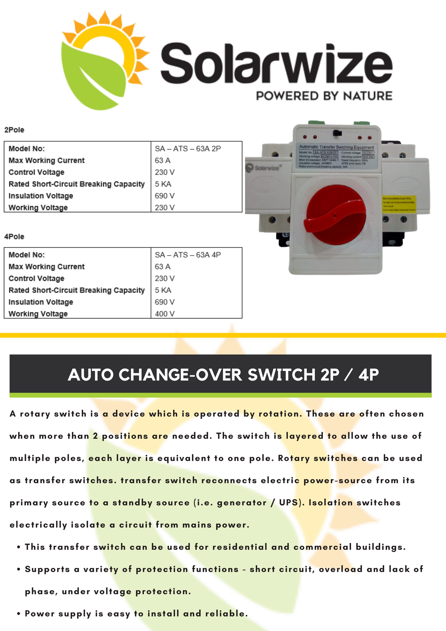 Solarwize Automatic Changeover Switch 2 Pole