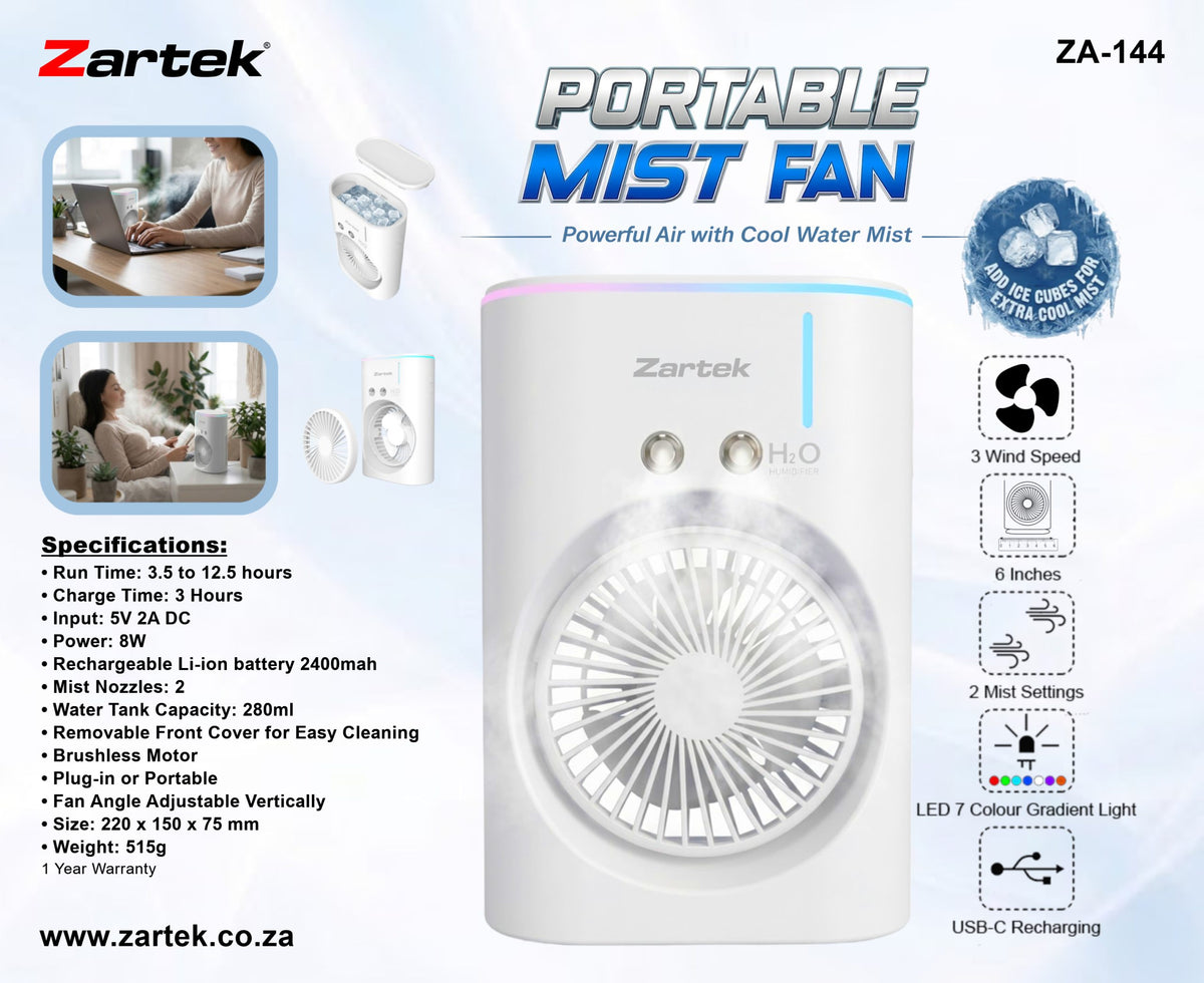 Zartek ZA-144 Solar USB Rechargeable Portable Mist Fan