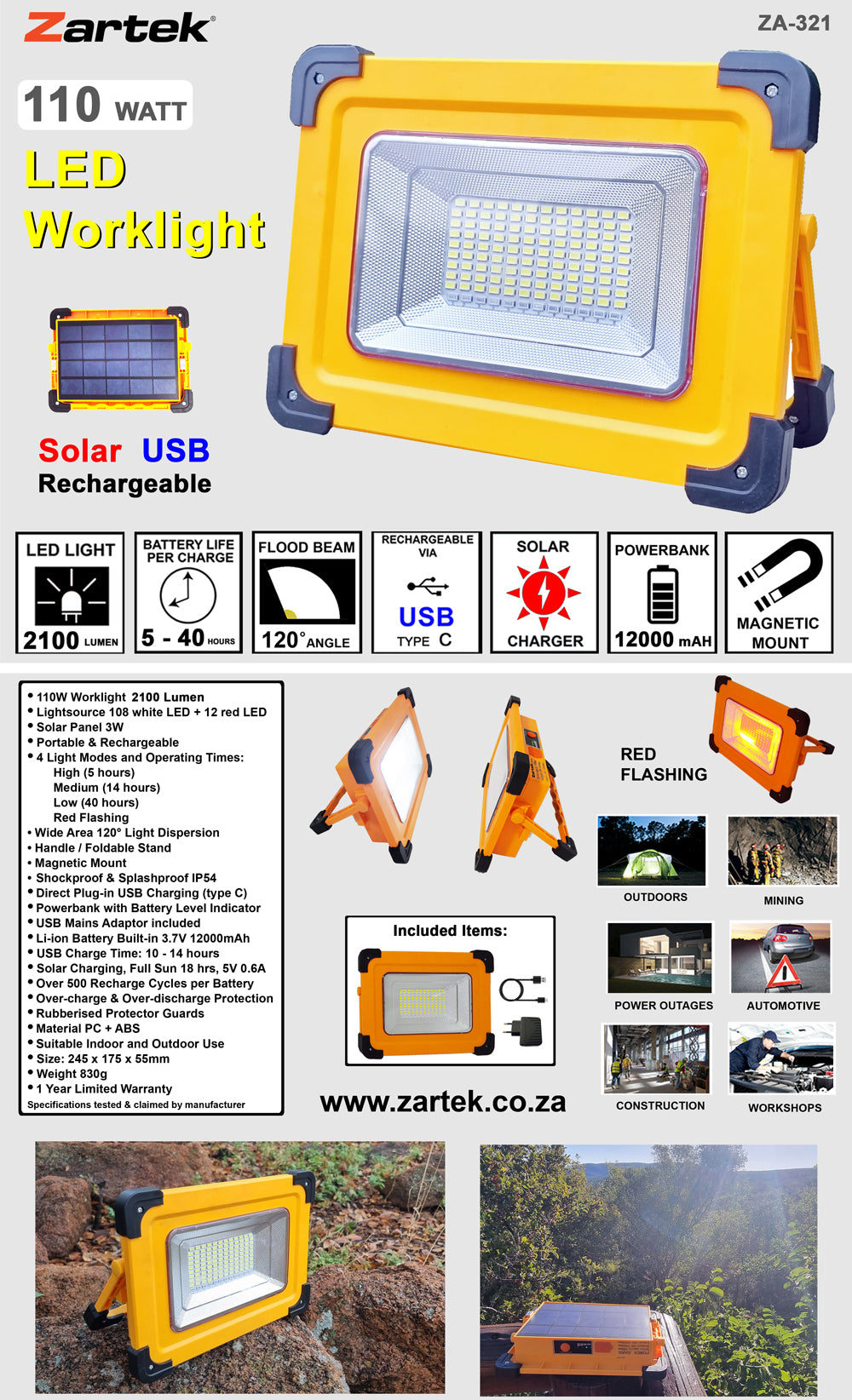 Zartek ZA-321 110W LED Rechargeable Worklight with Built-in Solar Panel