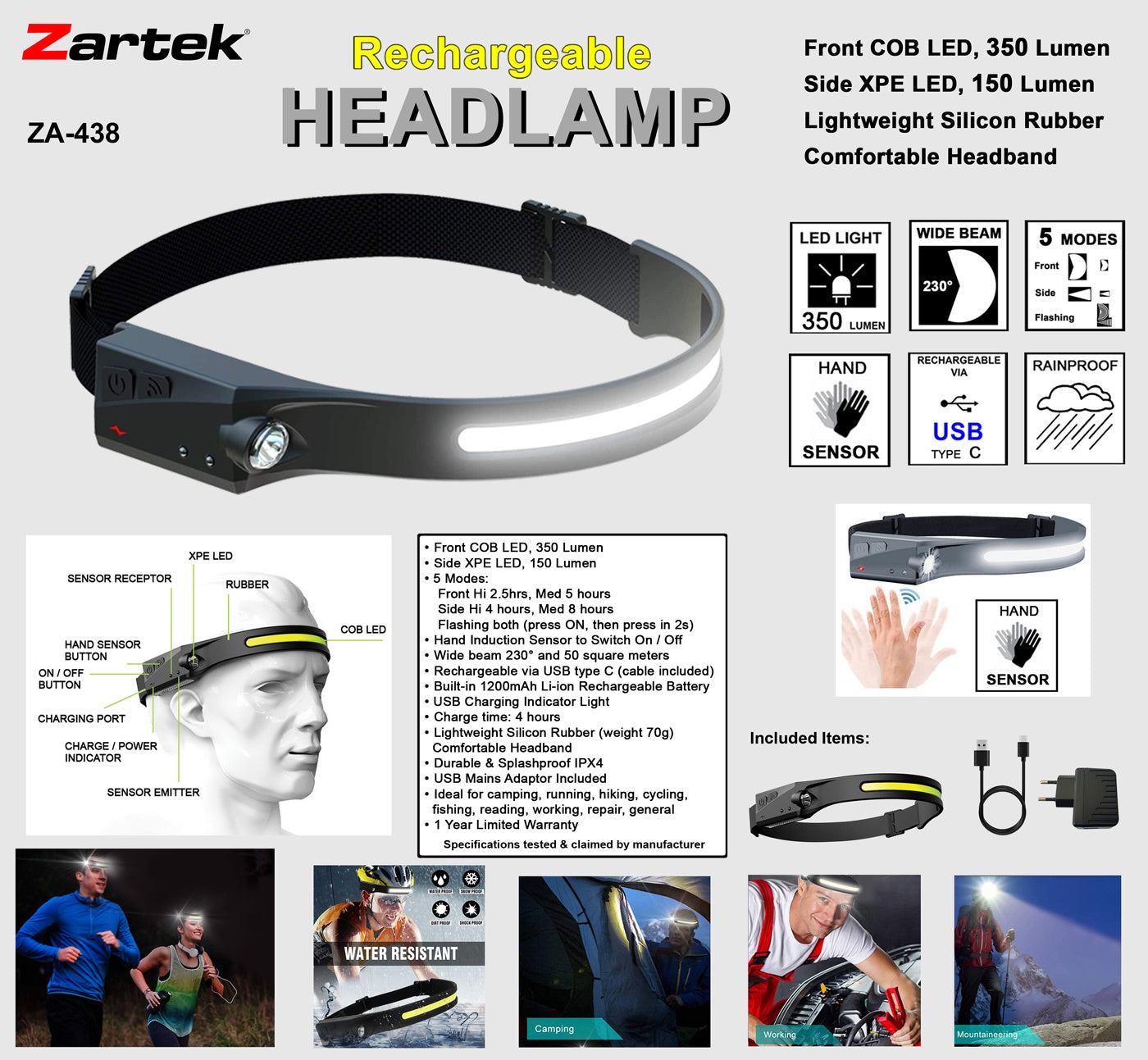Zartek ZA-438 Rechargeable LED Headlamp