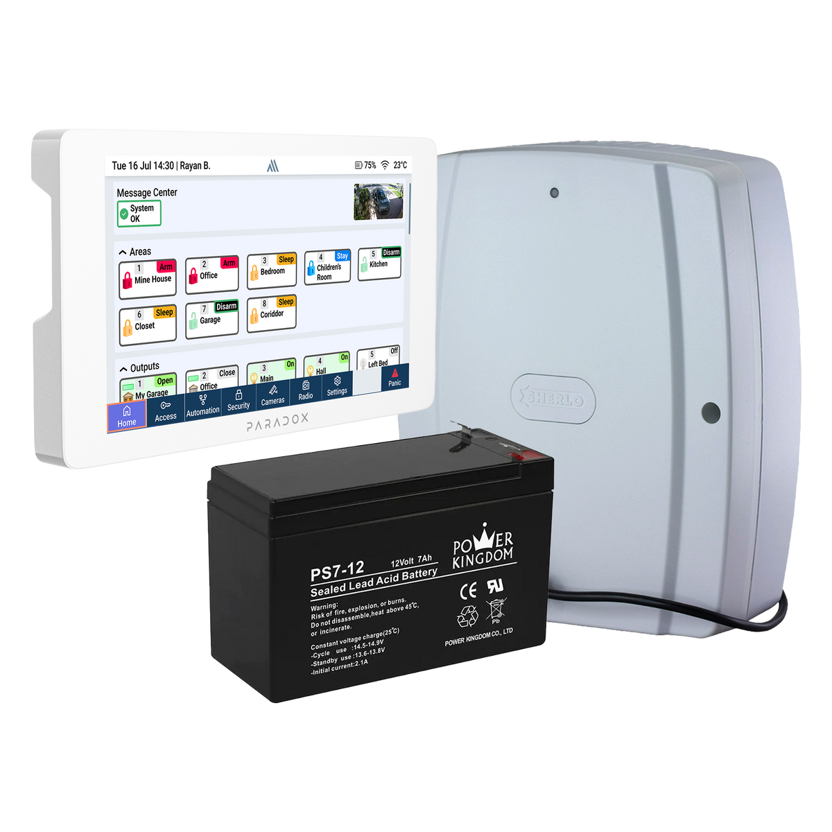 Paradox K70M 7" Touchscreen Keypad White with 3.2A Power Supply & 12V 7Ah SLA Battery - PA6862K