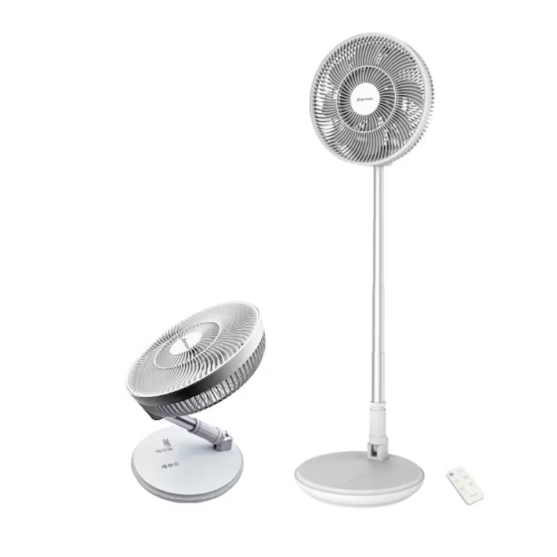 Two white oscillating fans with remote controls on a white background