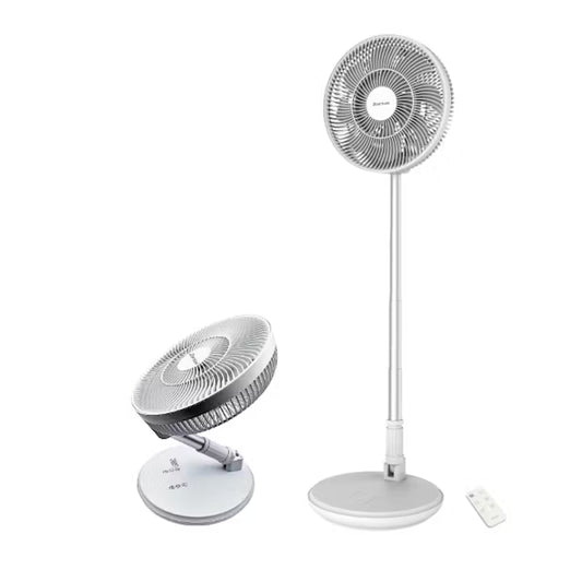 Two white oscillating fans with remote controls on a white background