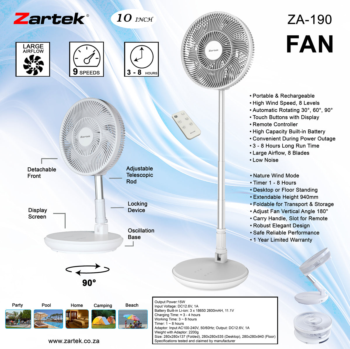 Zartek ZA-190 USB Rechargeable Height Extendable Rotating Fan
