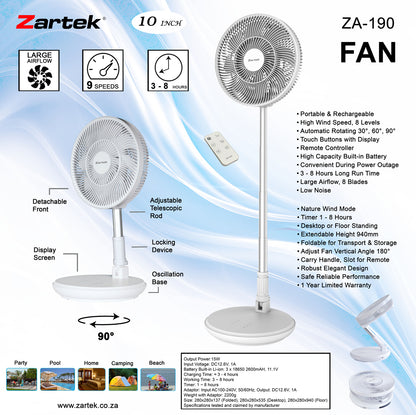 Zartek ZA-190 USB Rechargeable Height Extendable Rotating Fan