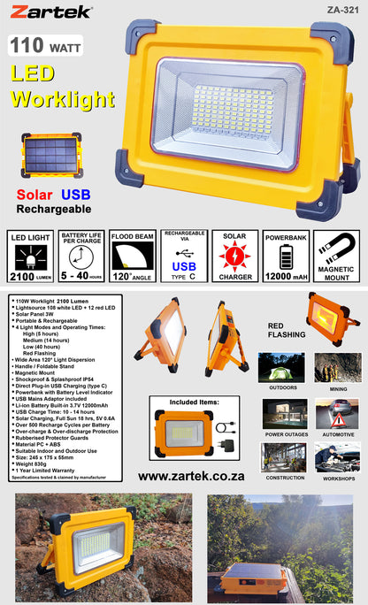 Zartek ZA-321 110W LED Rechargeable Worklight with Built-in Solar Panel