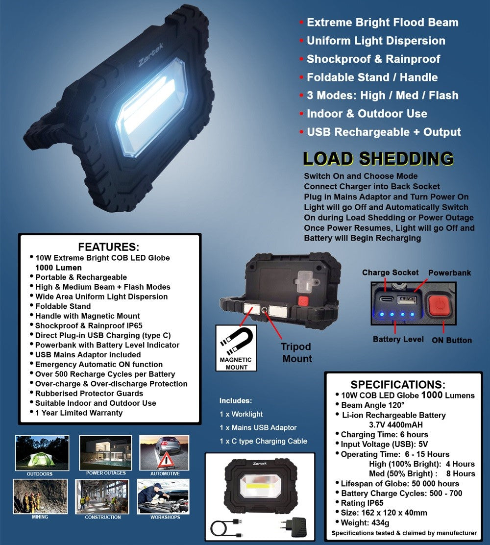 Zartek ZA-841 Rechargeable 10W Worklight with Emergency Auto Power On