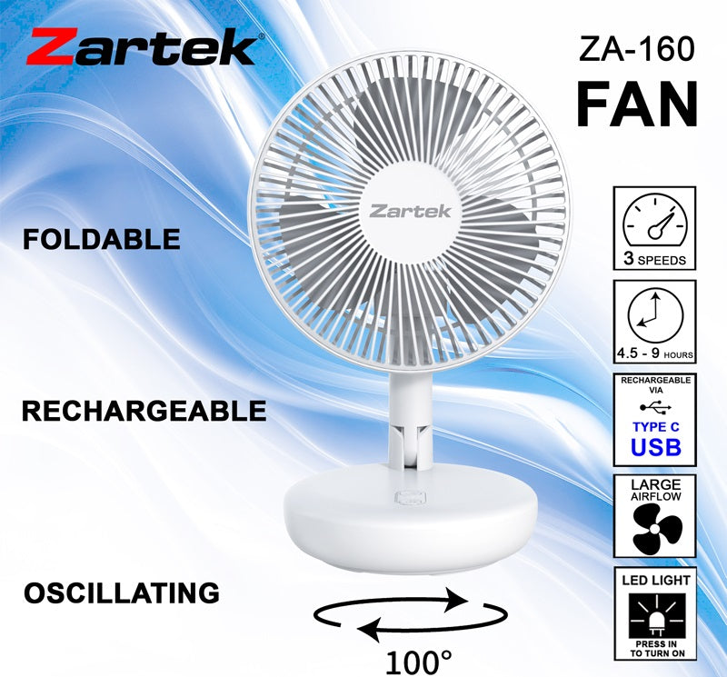 Zartek ZA-160-White USB Rechargeable Rotating Fan