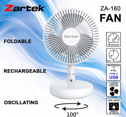 Zartek ZA-160-White USB Rechargeable Rotating Fan