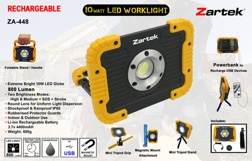 Zartek ZA-448 10W USB Rechargeable LED Worklight with Powerbank